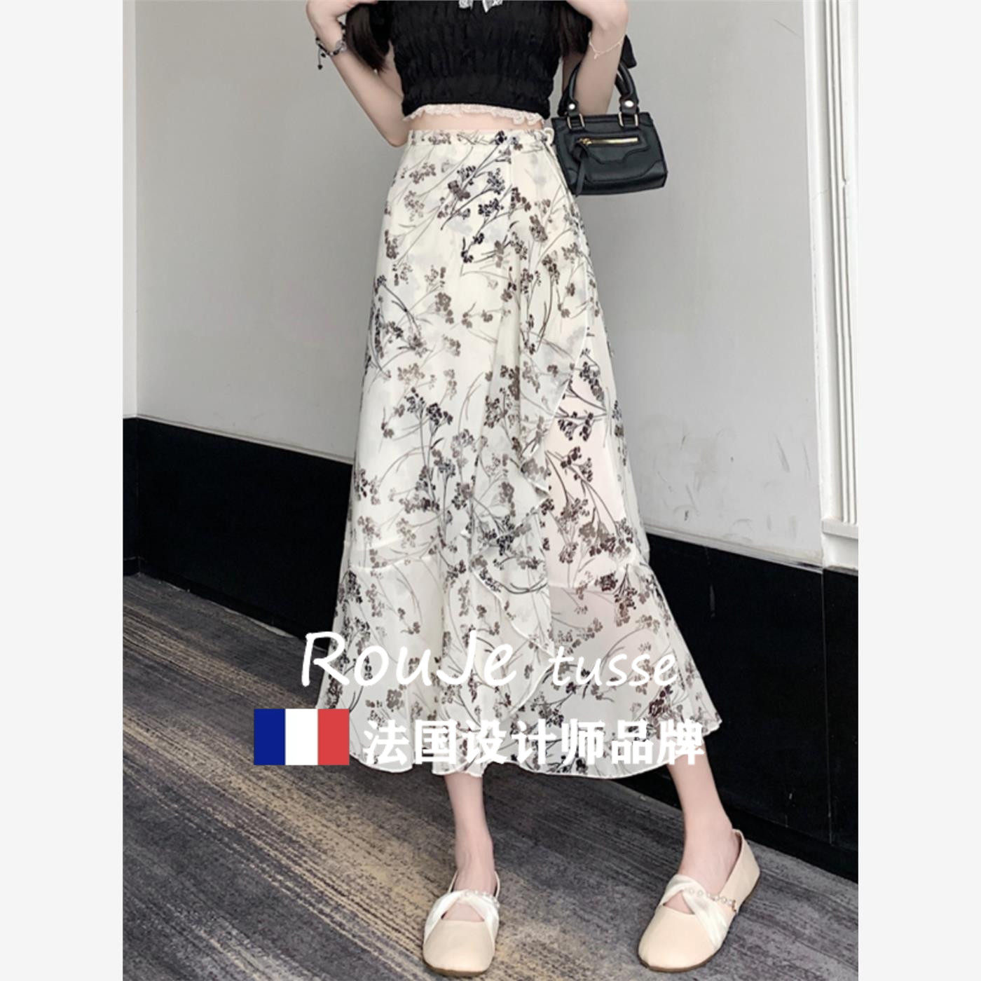 法国Rouje tusse碎花包裙女荷叶边系带开 叉中长一片式雪纺半身裙