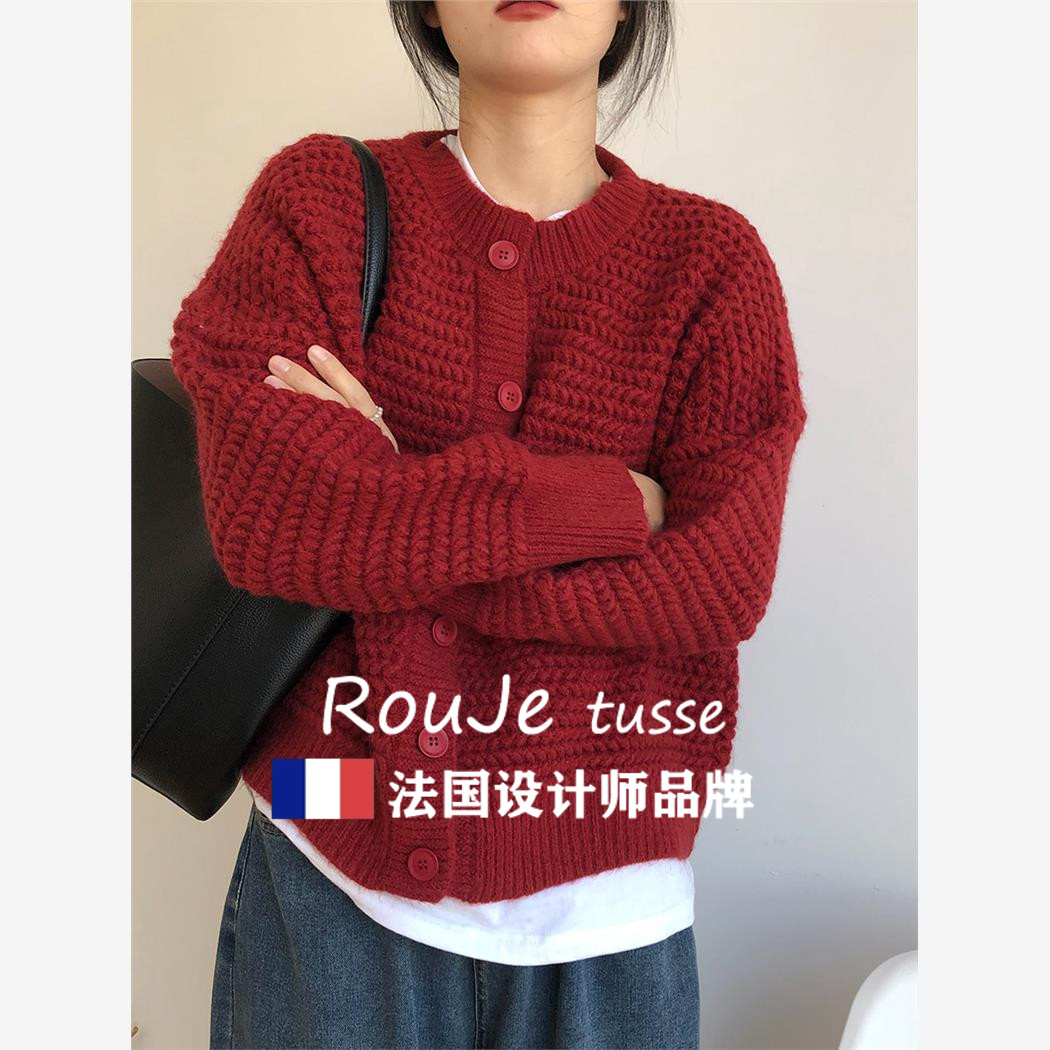 法国Rouje tusse本命年红色羊绒毛衣外套女春季宽松羊毛针织开衫
