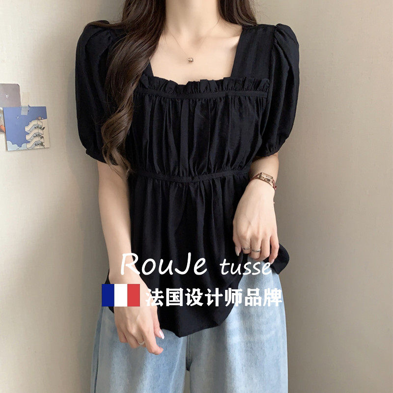 法国大码遮肚子泡泡袖荷叶边T恤女夏显瘦方领正肩上衣