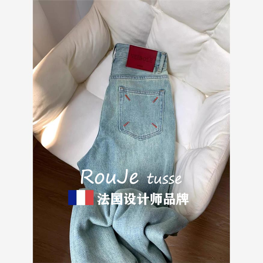 Rouje tusse刺绣宽松直筒牛仔裤女夏季款浅色高腰显瘦窄版阔腿裤