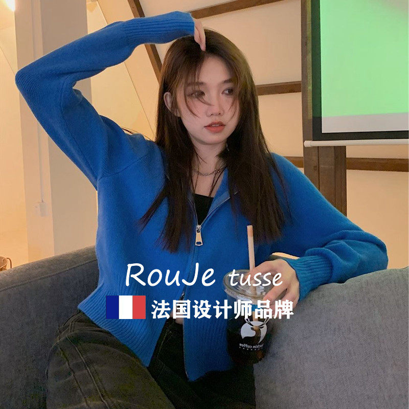 法国Rouje tusse克莱因蓝卫衣女短款羊毛针织开衫连帽拉链毛衣春