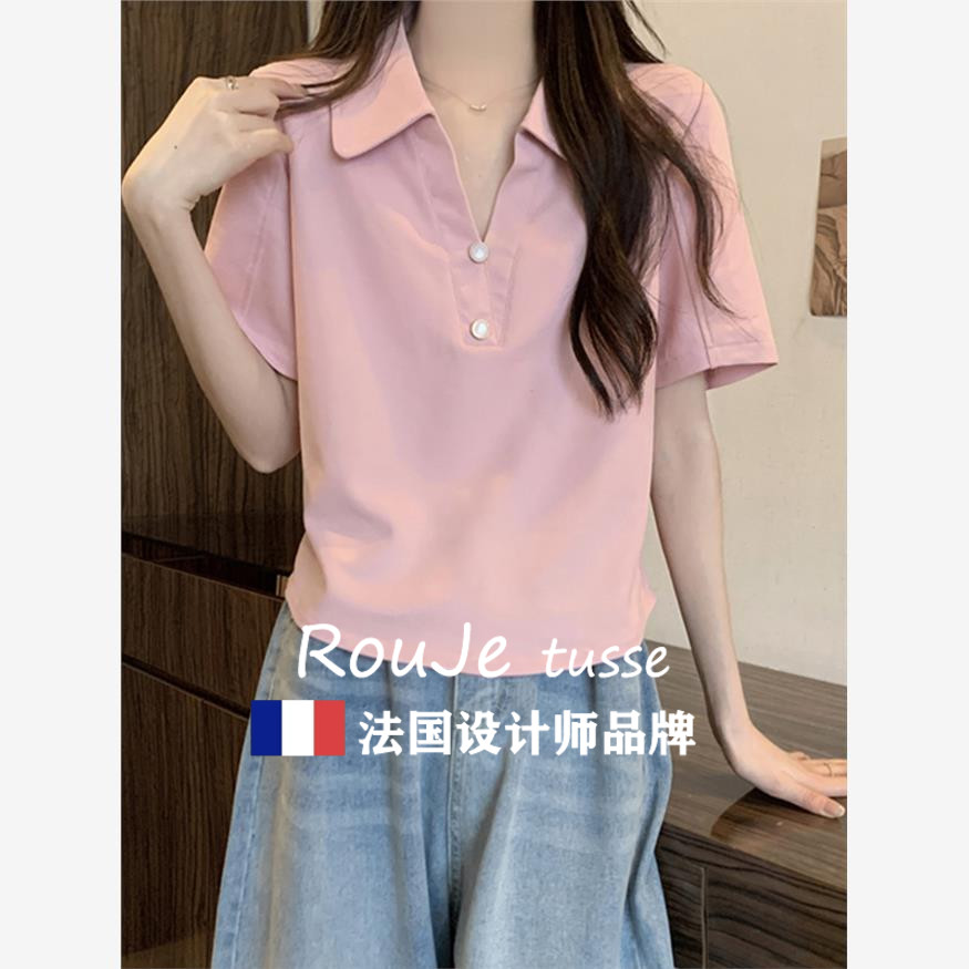 法国Rouje tusse大尺码遮肚子粉色POLO领正肩短袖T恤女夏季显瘦上