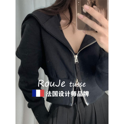 法国Rouje tusse黑色连帽短款卫衣修身外套女休闲百搭双拉链开衫