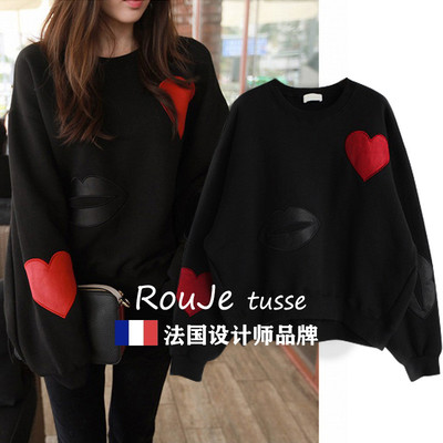 黑色无帽卫衣女2025年秋冬季新款薄绒套头时尚宽松显瘦卫衣圆领潮