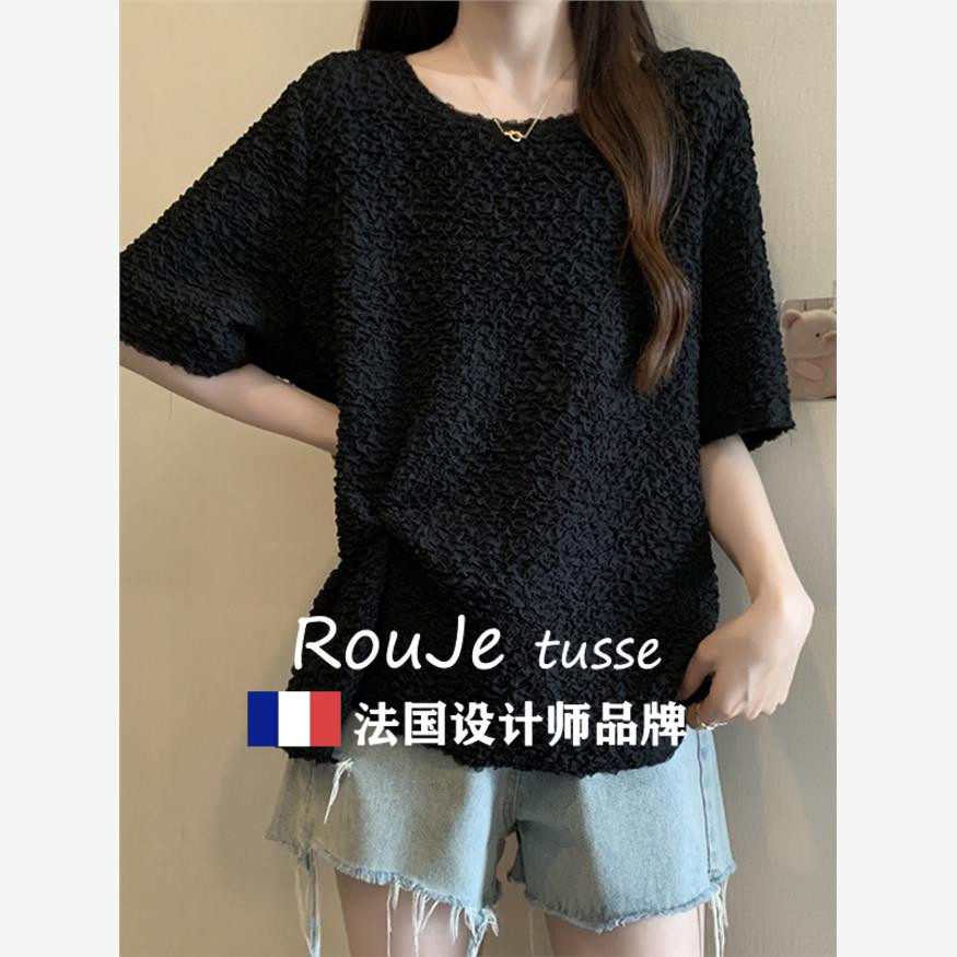 法国Rouje tusse遮肚子扭结正肩打底衫女胖妹妹圆领宽松短袖上衣