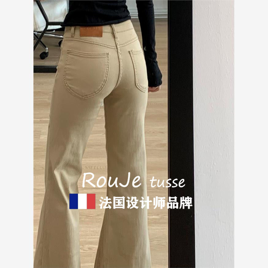 Rouje tusse卡其色加绒微喇牛仔裤女低腰显瘦小个子不贴腿喇叭裤