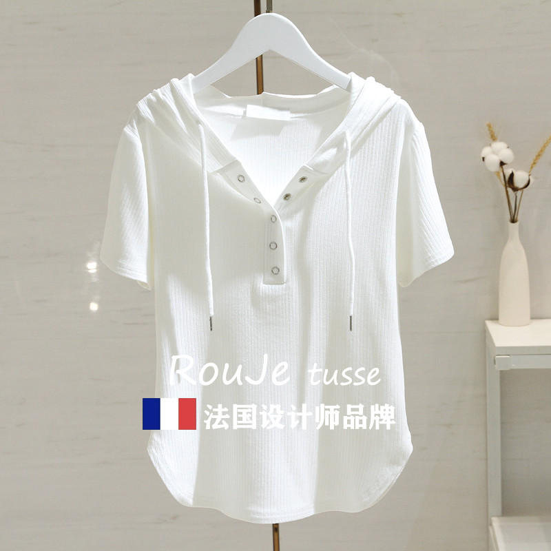 法国Rouje tusse白色连帽t恤女短袖夏季修身显瘦百搭半袖T恤上衣