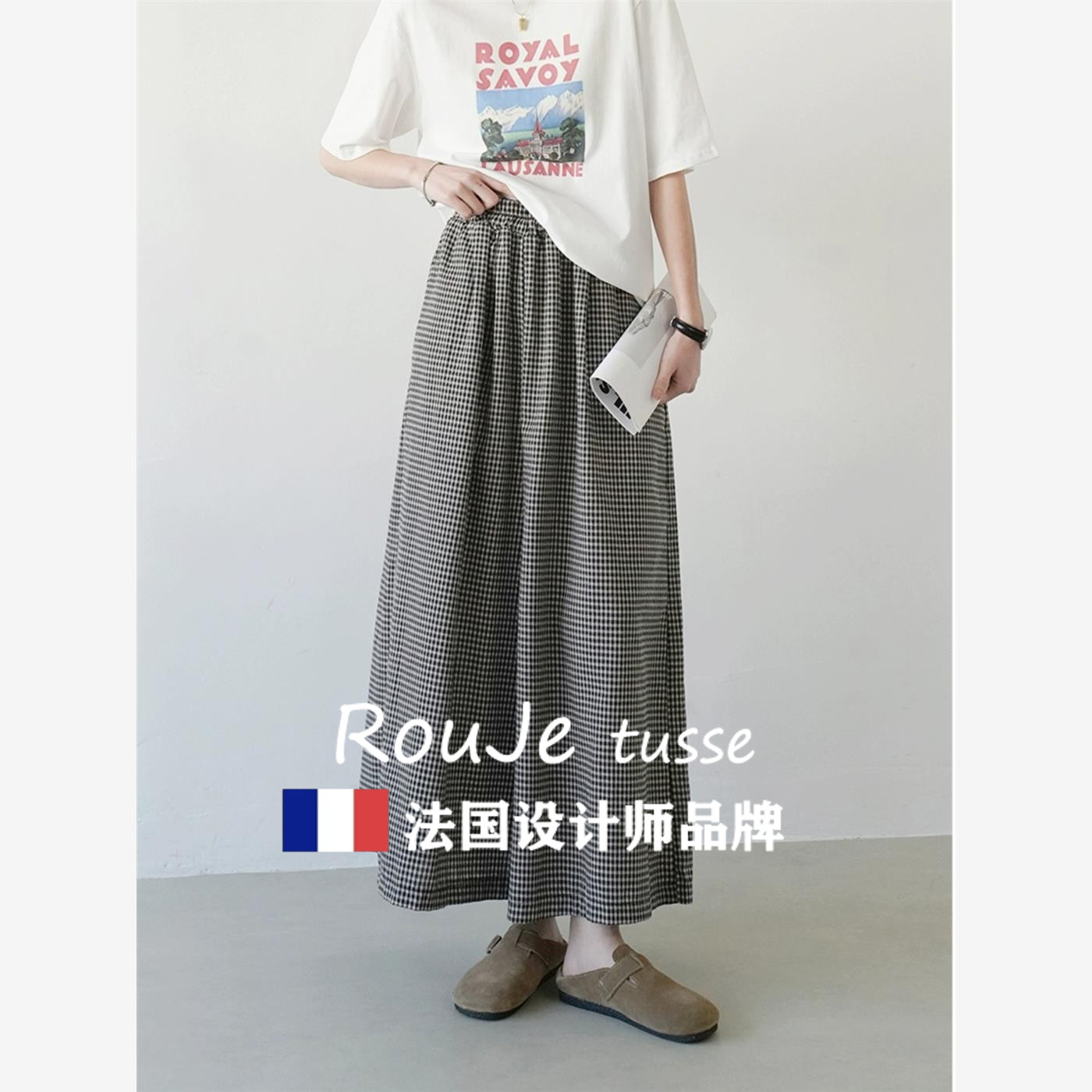 法国Rouje tusse文艺复古棉麻小格子裙裤大版阔腿裤女秋宽松长裤