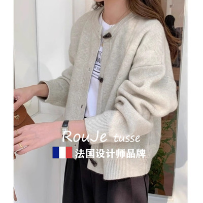 法国Rouje tusse覆古牛角扣羊绒毛衣开衫韩版百搭宽松羊毛外套潮