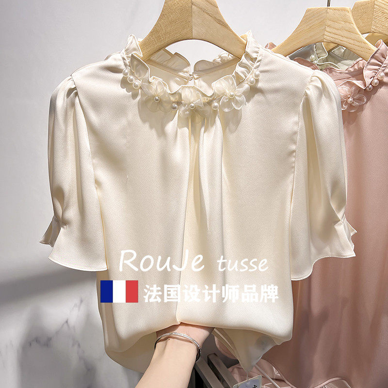 法国Rouje tusse夏季气质纯色立领花朵钉珠套头短袖雪纺衫女衬衫
