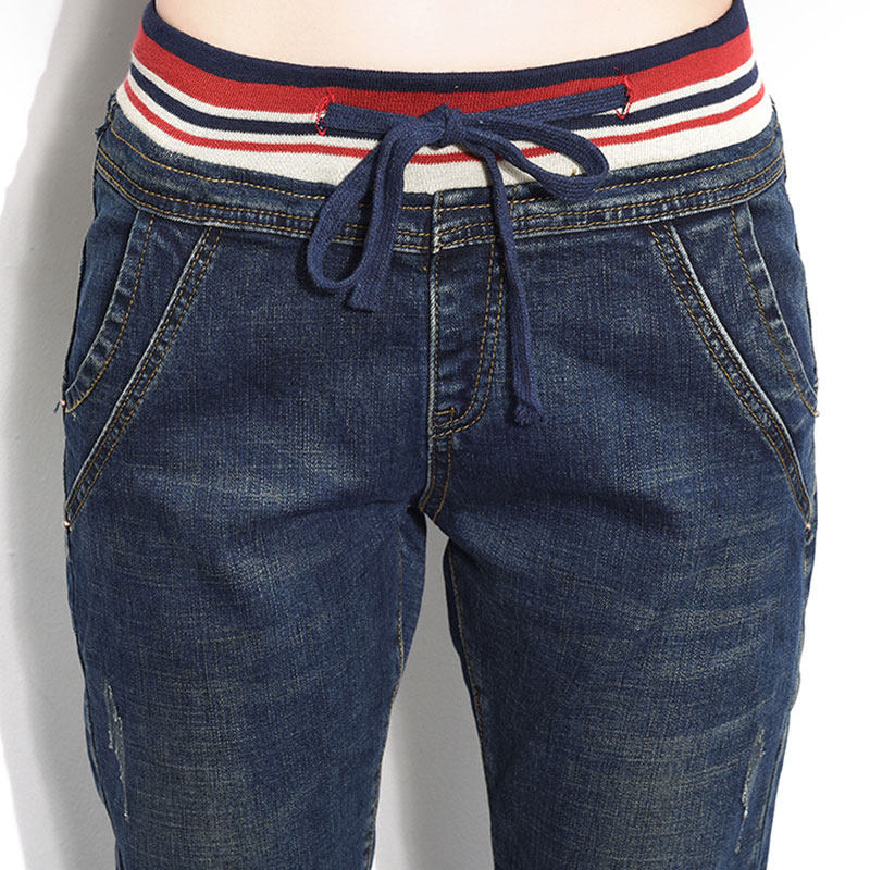 秋季新款高腰松紧腰牛仔裤女大码直筒长裤弹力休闲宽松哈伦老爹裤