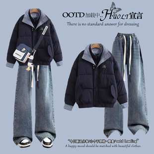 保暖穿搭一整套 外套衣服棉服加绒牛仔裤 初中生女两件套装 2025冬季