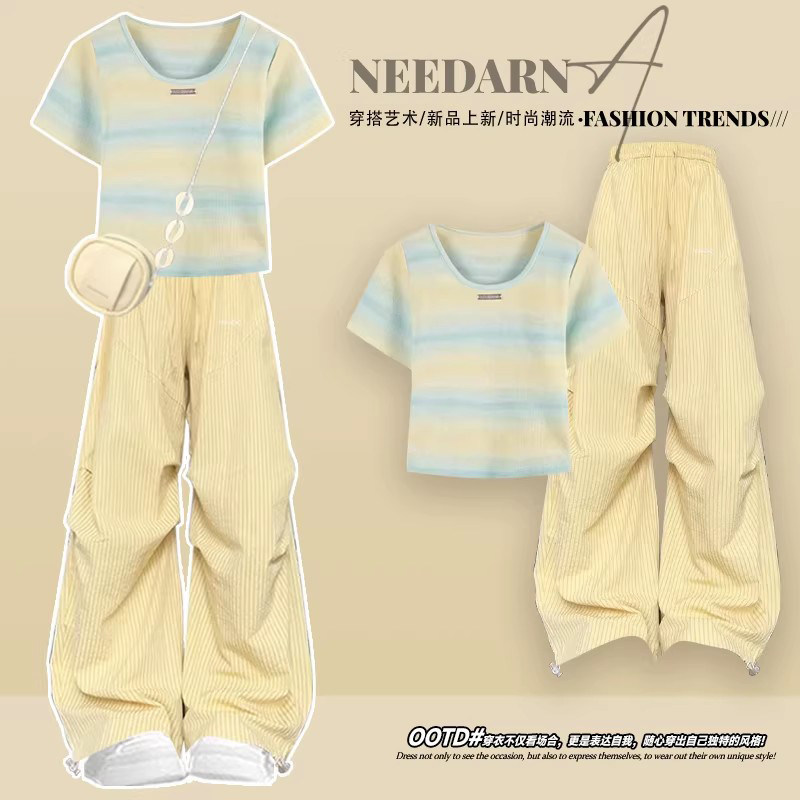 夏季韩系多巴胺穿搭韩系T恤休闲裤独特绝美云南旅游套装2026新款