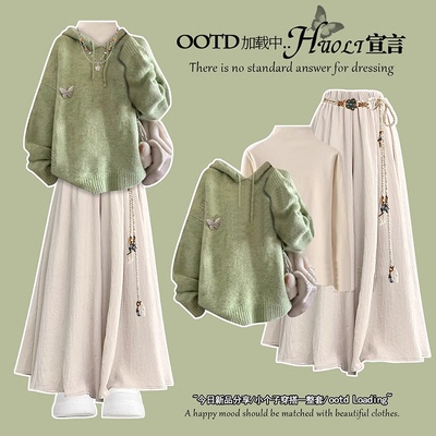 韩系冬季穿搭绿色毛衣巨好看的冬装针织连衣裙小个子学院风套装裙