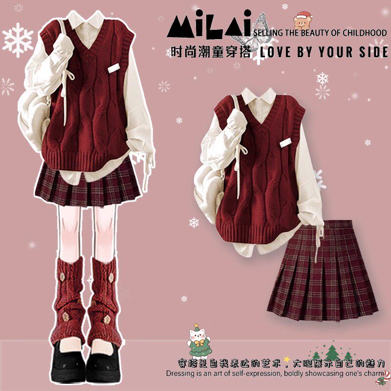 巨好看红色圣诞2025新款女大童学院风马甲衬衫百褶裙三件套装,女装/女士精品,时尚套装,淘宝优惠券,粉丝福利购,淘宝优惠卷