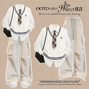 漂亮出片衣服2026春季套装女学院风针织马甲衬衫休闲工装裤三件套