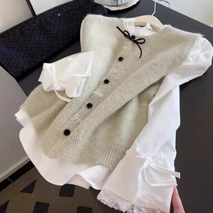 小清新套装2026春季韩系蝴蝶结蕾丝拼接长袖衬衫女马甲坎肩两件套