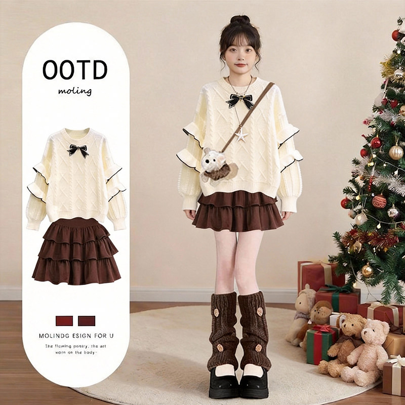 2026早春套装女学生韩系学院风设计感荷叶边毛衣蛋糕裙子两件套,女装/女士精品,时尚套装,淘宝优惠券,粉丝福利购,淘宝优惠卷