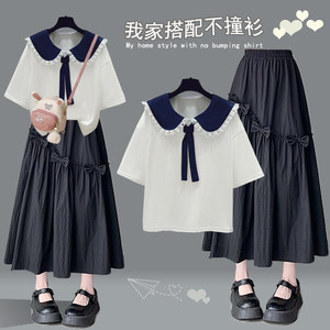 夏天海军领少女连衣裙学院风长裙子初中高中学生青少年洋气套装裙
