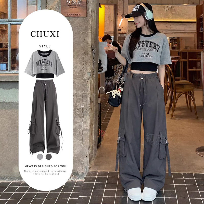 韩系夏季穿搭灰色短t恤女2026超火夏装一整套小个子简约休闲衣服