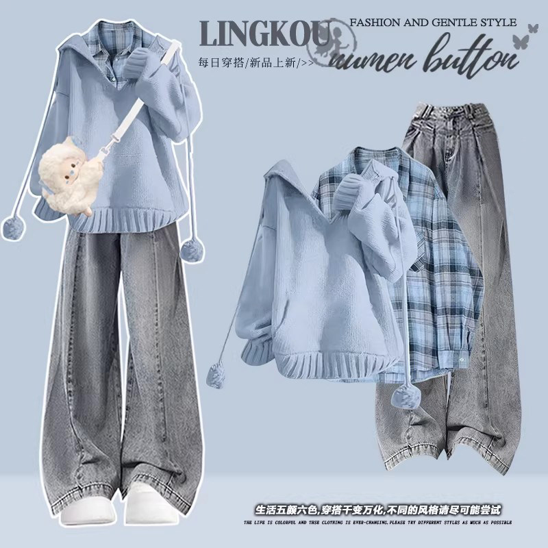 大码秋冬韩系套装女休闲风连帽针织卫衣格纹衬衫复古牛仔裤三件套,女装/女士精品,时尚套装,淘宝优惠券,粉丝福利购,淘宝优惠卷