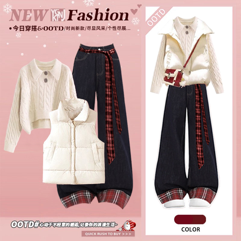 2025冬季套装女韩版宽松学院风翻领毛衣马甲棉服牛仔裤时尚三件套