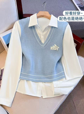 2026年秋季新款女装套装甜美针织背心马甲+寸衫韩系叠穿洋气