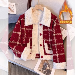 红色小香风外套女2025新款今年流行爆款冬季加绒加厚过年圣诞穿搭