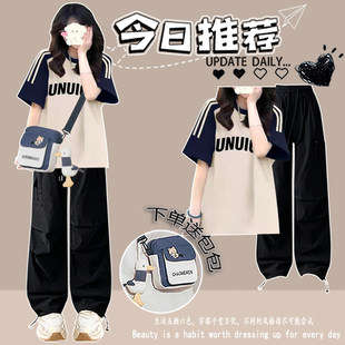 短袖女t恤夏季2026新款青少年字母印花上衣初中高中学生时尚套装