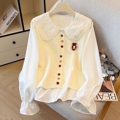 2025秋季新款时髦洋气刺绣针织马甲女娃娃领长袖衬衫甜美两件套装