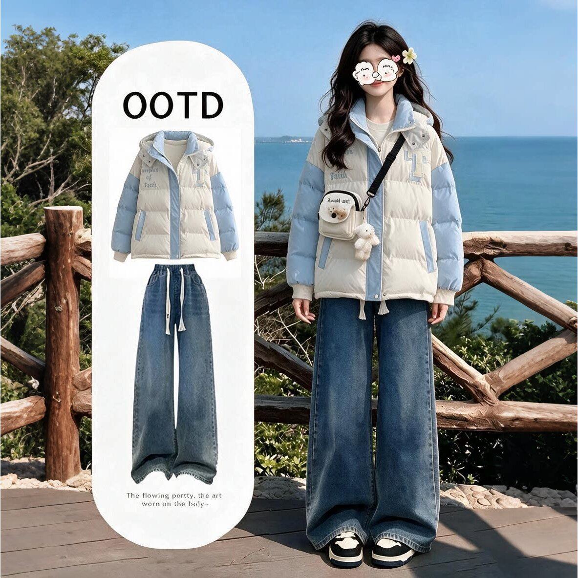 冬季套装女2026韩系甜美连帽加绒加厚棉服外套少女牛仔裤两件套