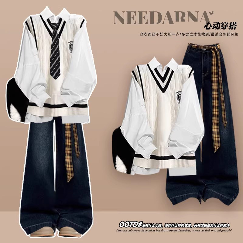 韩系一整套ootd穿搭学院风衬衫套装女2026超火早春季高级感三件套