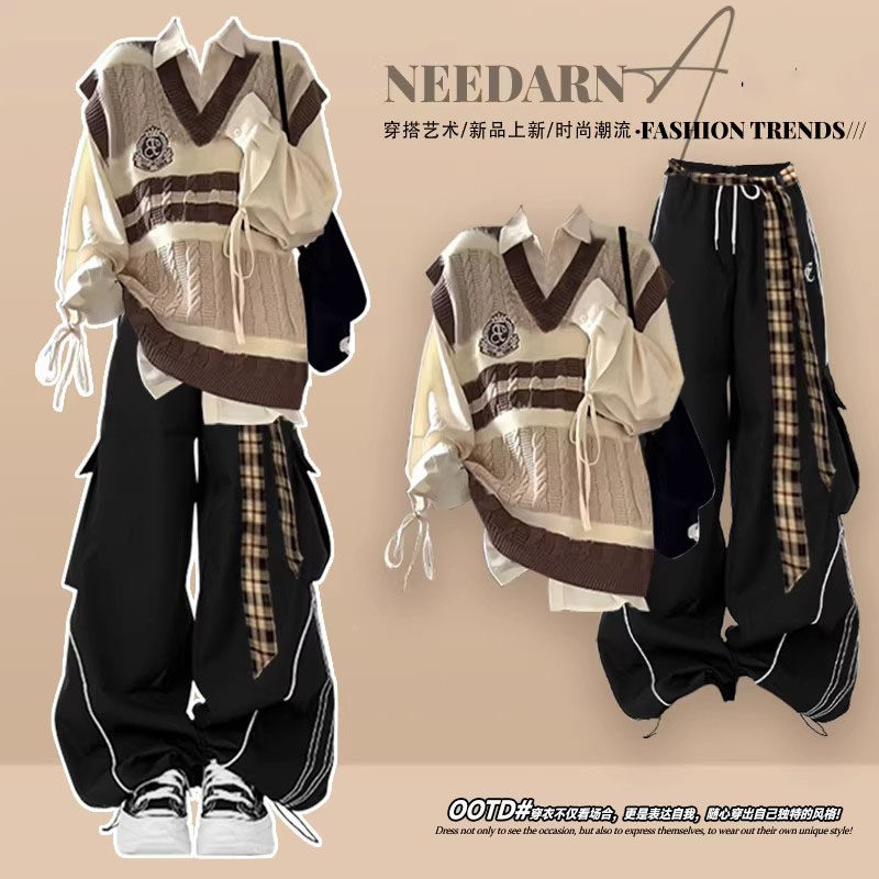 韩系高级感休闲衬衫春装2026超火一整套ootd穿搭学院风工装裤套装