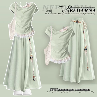 云南旅游穿搭森系绿色连衣裙夏季多巴胺巨好看特别漂亮掐腰小裙子