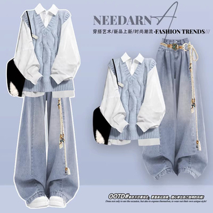 韩系多巴胺学院风衬衫马甲早春装 2026超火春装三件套牛仔套装裤