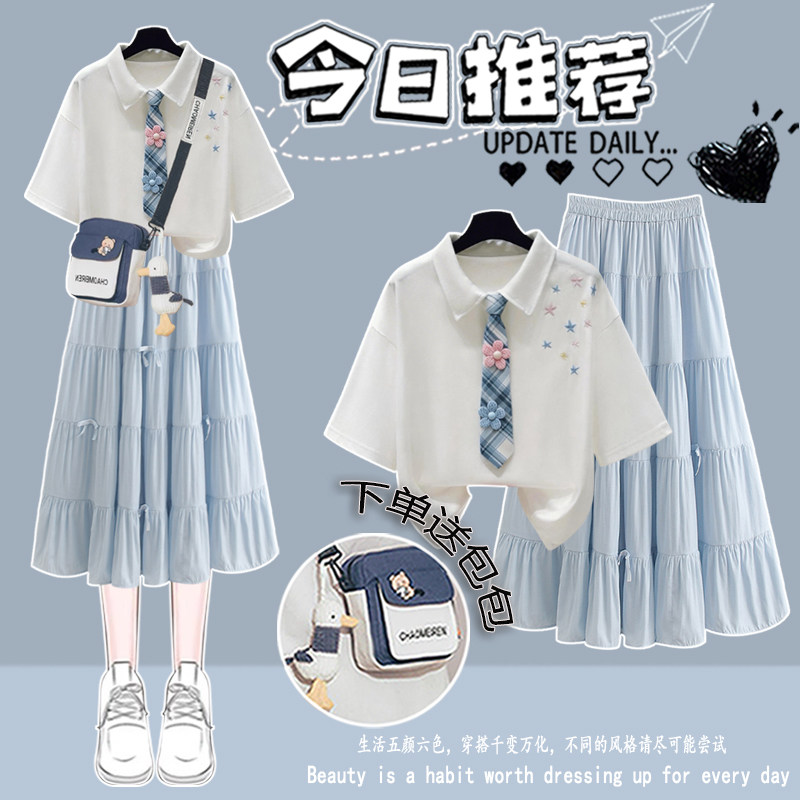 少女夏装2026新款学院风套装裙子大童短袖半身裙初高中学生连衣裙图片