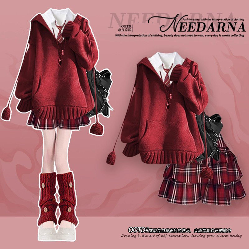 圣诞新年战袍富家千金miu系穿搭冬季连衣裙学院风红色毛衣套装