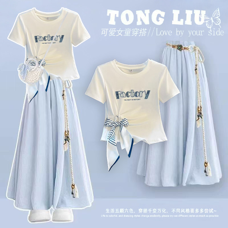 夏季2026新款设计感法式百搭短款T恤女小众洋气上衣时尚裤裙套装图片