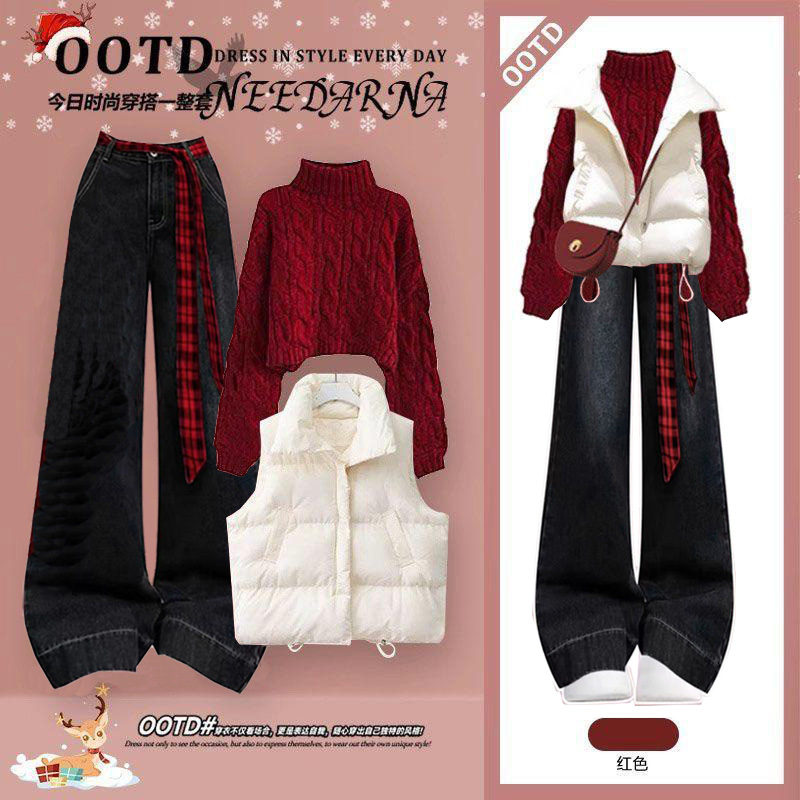 冬季套装女2025新款女学院风棉服马甲红色毛衣时尚牛仔裤三件套