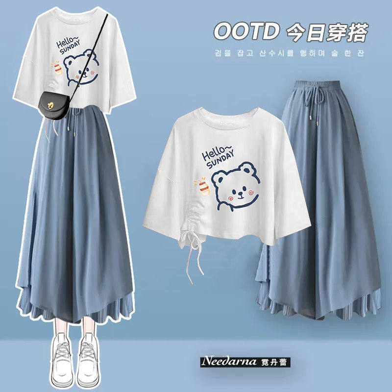 2025夏季裤裙套装女学生韩版宽松设计感短袖T恤+阔腿裤裙两件套潮,女装/女士精品,时尚套装,淘宝优惠券,粉丝福利购,淘宝优惠卷