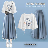 2025夏季 宽松设计感短袖 女学生韩版 裙两件套潮 阔腿裤 裤 T恤 裙套装