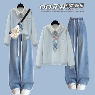 初中生女春装套装学院风少女假两件卫衣时尚洋气青少年休闲装