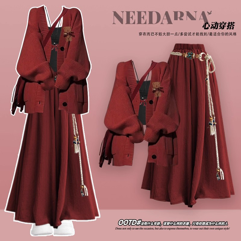 万圣节圣诞穿搭红色针织连衣裙子巨好看的深秋初冬季miu系毛衣裙