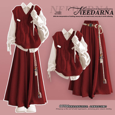 圣诞穿搭绝美红色连衣裙子巨好看的冬装一整套新年战袍学院风长裙