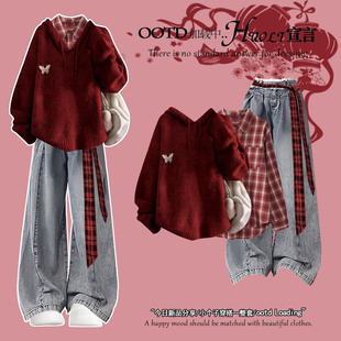 本命年冬装圣诞穿搭红色连帽毛衣女2026新款冬季学院风超好看上衣