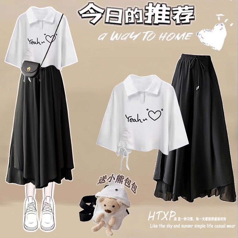 夏季时尚连衣裙少女初中学生学生抽绳短袖+裙裤两件套装裙子高中