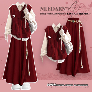 巨好看的针织连衣裙子女2026超火冬装三件套圣诞穿搭学院风毛衣裙