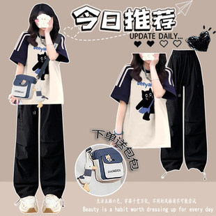 初中生夏装女2026新款少女韩版印花短袖t恤高中学生时尚套装穿搭