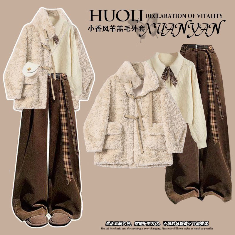 韩系氛围感小香风羊羔绒外套女2025年秋冬小个子毛衣阔腿裤三件套,女装/女士精品,时尚套装,淘宝优惠券,粉丝福利购,淘宝优惠卷
