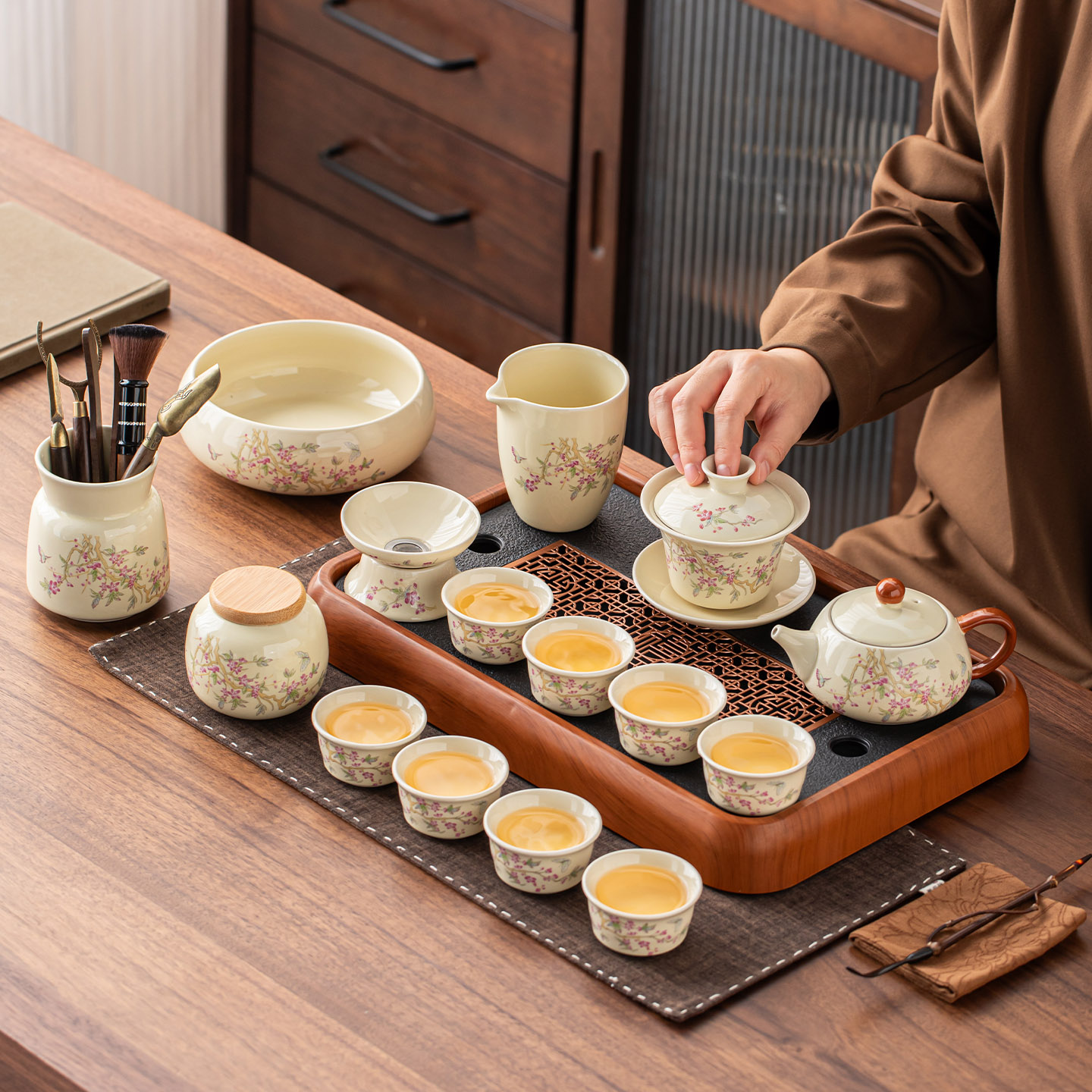 高档汝窑功夫茶具套装家用办公陶瓷泡茶壶一整套泡茶器具开片茶杯